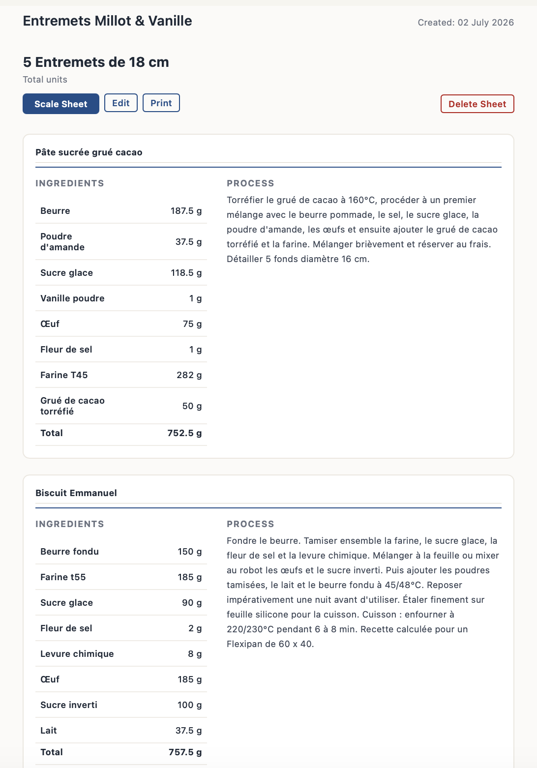 Production sheet view